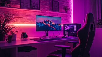 Poster - A computer desk with a monitor, keyboard, and mouse