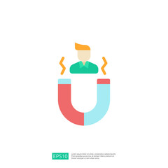 Poster - The image features a stylized magnet attracting a person, symbolizing attraction or engagement. It visually represents concepts like connection or influence.