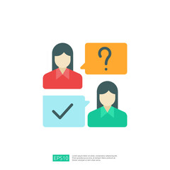 Poster - The image depicts two stylized figures with speech bubbles, one with a question mark and the other with a checkmark, suggesting communication and understanding.