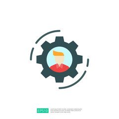 Poster - An illustration featuring a person within a gear, symbolizing industry and teamwork. The design highlights collaboration and efficiency in a modern context.