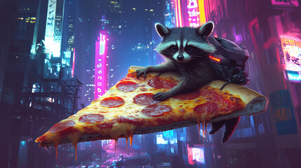 Wall Mural - A raccoon riding a giant slice of pizza through a neon-lit city skyline 