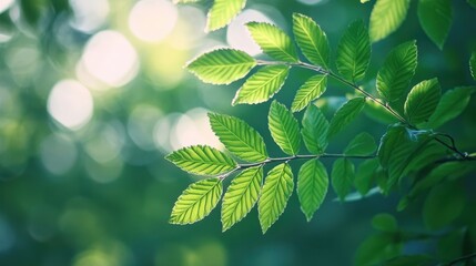 Poster - Fresh green leaves against a blurred background offering room for natural themes or copy