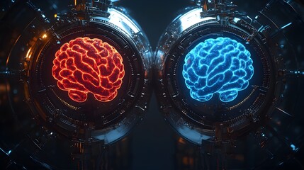 A mechanical clockwork system binds red and blue glowing brains, symbolizing the harmony of time, technology, and human cognition in the future