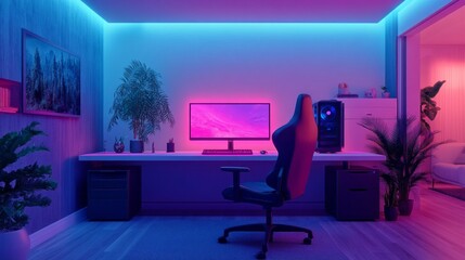 Poster - A computer gaming room with a neon blue light and a neon pink computer monitor