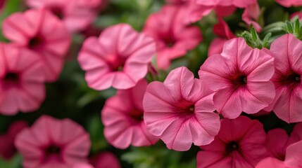 Poster - Close-up of pink petunia flowers against a green background offering space for copy