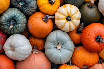 A close-up image of a variety of pumpkins and gourds, showcasing their colors and textures.