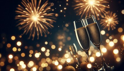 Two champagne flutes with bubbles, set against a backdrop of fireworks and warm bokeh lights. Perfect for holiday and New Year celebrations with copy space