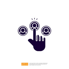 Poster - An illustration of a hand pointing at three user icons, symbolizing selection or interaction in a digital context.
