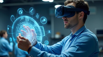 A male engineer wearing a VR headset interacts with a detailed holographic model