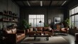 © azi - A modern industrial living room with leather furniture, a large window, and a wooden coffee table.