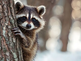 Curious Raccoon Peeking Out from Behind a Tree Symbolizing Curiosity and Resourcefulness