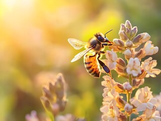 Wall Mural - Industrious Honeybee Collecting Nectar from a Vibrant Flower Symbolizing the Vital Role of Pollinators in Nature