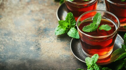 Wall Mural - Traditional Turkish tea with fresh mint offering a selective focus and room for copy