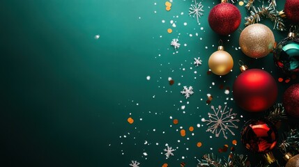 Poster - Square banner featuring Christmas tree balls tinsel confetti and snowflakes on a green background with copy space