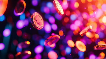 Colorful floating coins with bokeh background.