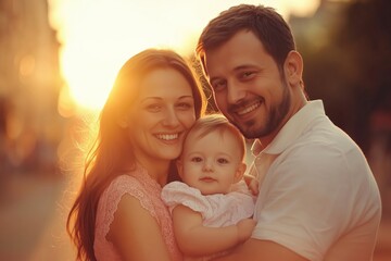 Wall Mural - Joyful family enjoying sunset scenery