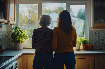 Two women stand side-by-side in a kitchen looking out a window.