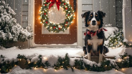Poster - A dog wearing a festive scarf sits on a porch step, surrounded by snow and holiday decorations, including a wreath and lights, creating a warm, cheerful winter atmosphere during dusk.