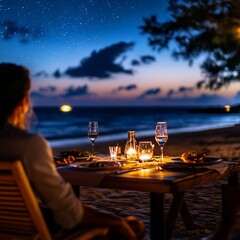 A romantic dinner for two on a beach with a view of the ocean and the starry sky.