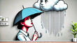 © ClaraCN - A cartoon woman holds an umbrella, staring up at a crying cloud raining over her. The scene is depicted indoors, with shelves and plants decorating the room.