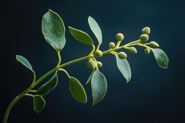 Poster - Close-up of a Sprig with Green Leaves and Buds Against a Dark Background