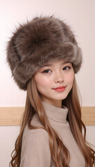 Young Asian woman with a smile wearing a fur hat in a studio environment