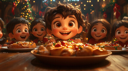 christmas feast with animated children: a delightful scene of animated children with big, expressive