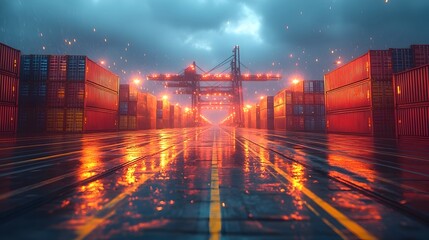 Poster - Aerial view of a bustling cargo port terminal with rows of stacked shipping containers under a moody,stormy night sky. Massive gantry cranes and other industrial infrastructure are illuminated.