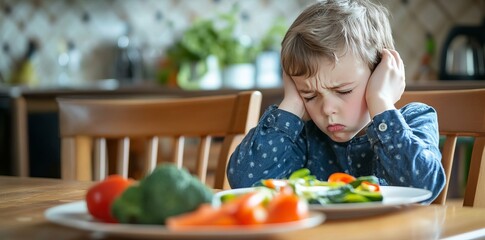 A child with vegetables on a table in a modern kitchen