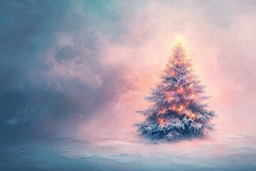 Sticker - A Single Illuminated Christmas Tree in a Snowy Landscape