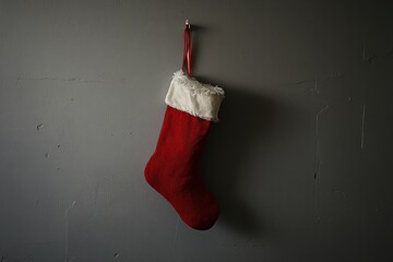 Red Christmas Stocking Hanging on a Gray Wall