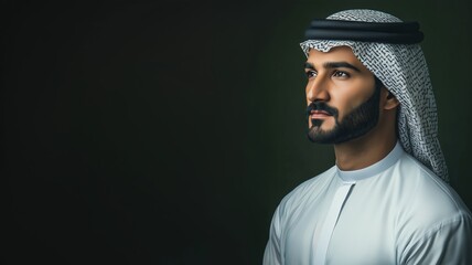 Wall Mural - Portrait of an Arab Man in Traditional Kandoura and Keffiyeh. Generative AI.