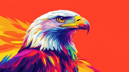 Wall Mural - a vibrant, colorful illustration of an eagle against a bright orange background.