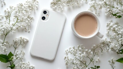 Poster - A white cell phone sits on a table next to a cup of coffee