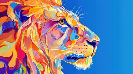 Wall Mural - a vibrant, abstract depiction of a lion's profile in bold colors against a blue background.