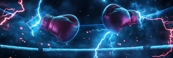 Boxing Gloves Floating Above a Boxing Ring, with Neon Lightning Cracking Around Them 