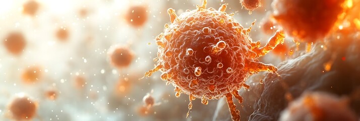 Aufkleber - Detailed microscopic view of a dangerous coronavirus,shown in vibrant orange tones against a blurred background. This image captures the intricate and complex structure of the pathogen.
