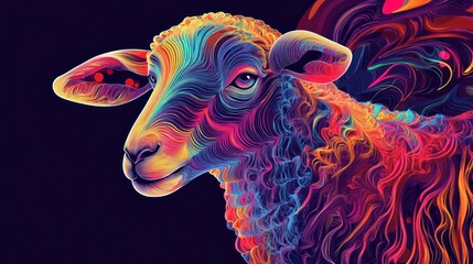 Wall Mural - a vibrant, colorful illustration of a sheep with swirling patterns and bright hues.