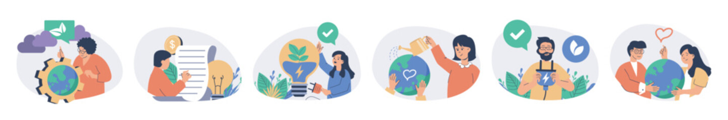 Aufkleber - Green sustainable environment concept set with characters in flat design for web. People lead eco friendly lifestyle, take care about nature, using clean alternative resource. Vector illustrations.