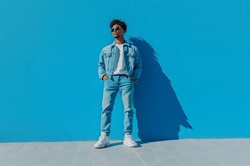 stylish young black man in full denim outfit posing confidently against a vibrant blue background