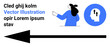 © robu_s - Woman in blue pointing, head with arrows inside a blue circle, large black directional arrow. Ideal for web design, navigation, direction, education, and presentation themes. Landing page