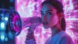 © Alpha - Beauty influencer speaking into a megaphone on a floating video media player interface, glowing holograms, pink and purple neon, futuristic, 3D render