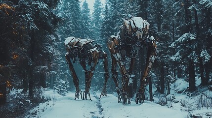 Poster - A mystical encounter in the snowy forest mechanical beasts roaming amongst ancient trees in a winter wonderland