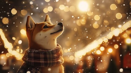 A Shiba Inu wearing a cozy scarf admires colorful decorative lights amidst gentle snowfall in a winter setting.