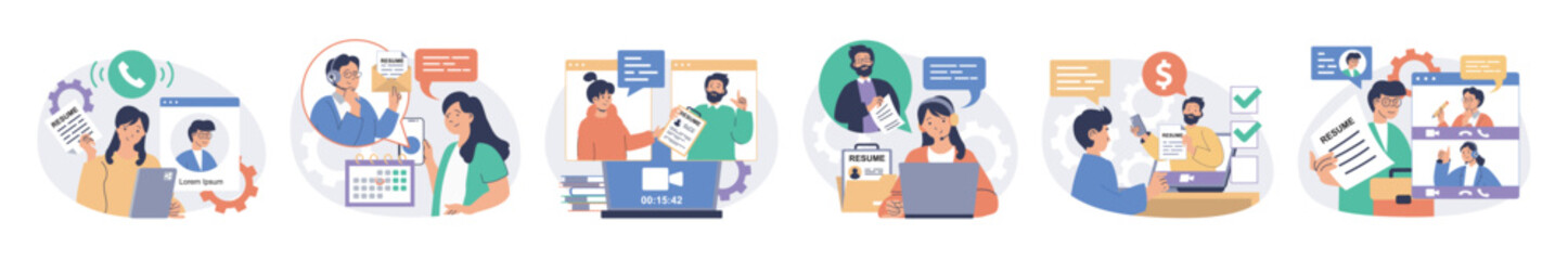 Aufkleber - Online job interview concept set with characters in flat design for web. People searching new employee, interviewing candidates by video call, selecting resumes and hiring. Vector illustrations.