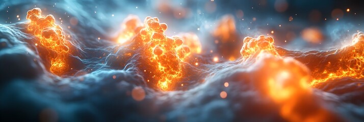 Poster - Explosive cosmic firestorm with intense flames and energy erupting in a surreal,dynamic,and abstract cosmic landscape background. Digital with dramatic,fiery,and powerful visual effects.