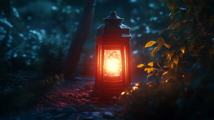 Poster - Enchanting vintage lantern illuminates a peaceful nighttime forest capturing the beauty of nature's serenity and glow