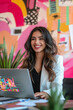 © AI_images - A young adult Hispanic businesswoman in a vibrant office celebrates her e-commerce success, her laptop screen showing high sales growth. Her cheerful expression reflects the digital business victory