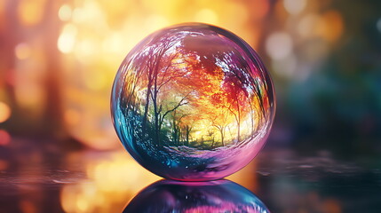 Aufkleber - Captivating reflection of autumn colors within a glass orb a journey into nature's vibrant palette