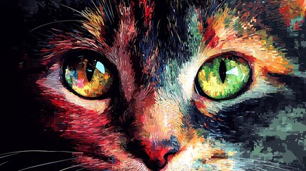 Aufkleber - A stunning feline with pixelated eyes that transform scenes in a vibrant digital art representation